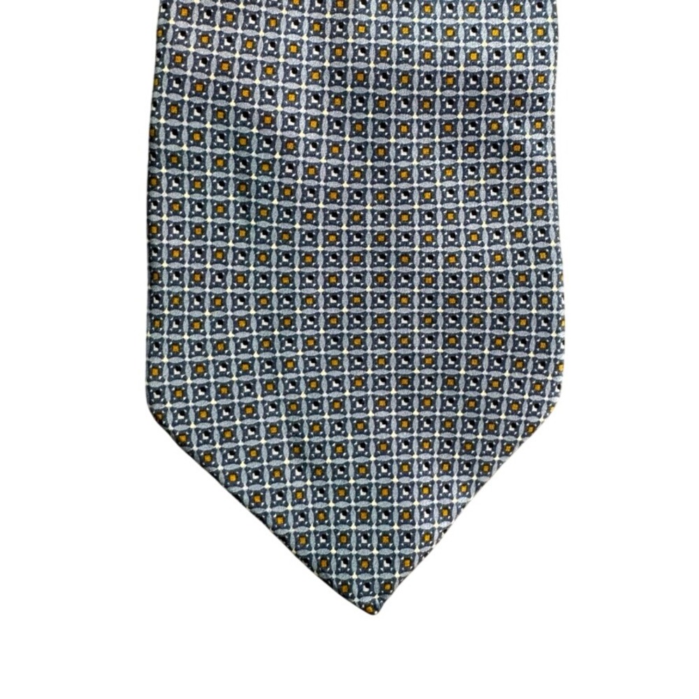 Lord & Taylor Mens Silk Tie Blue Gold Geometric Medallion Printed in Italy